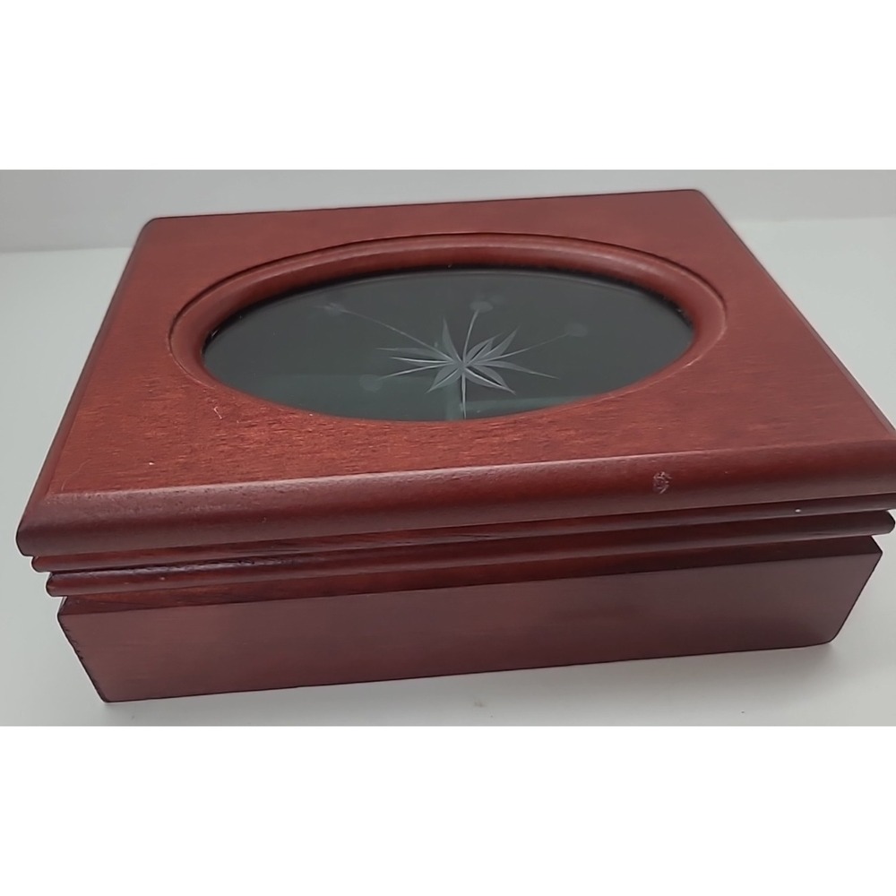 Vintage Wooden Jewelry Box With an Etched Glass‎ Lid